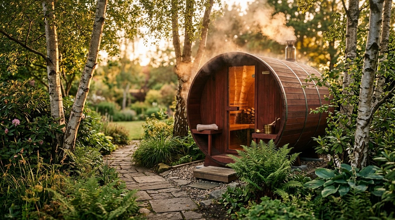 A barrel sauna in a landscaped garden at golden hour