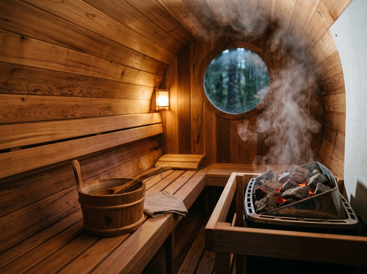 The cedar-lined interior of a barrel sauna, lit warm